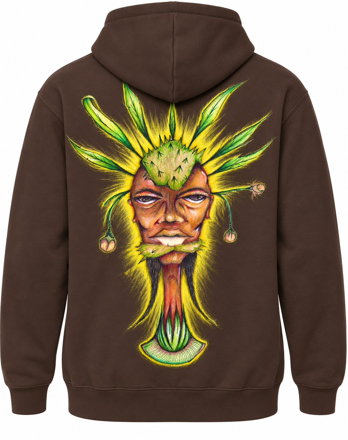 A brown pullover hoodie shown from the back, featuring a large, detailed graphic print of an alien looking face with green feathers.