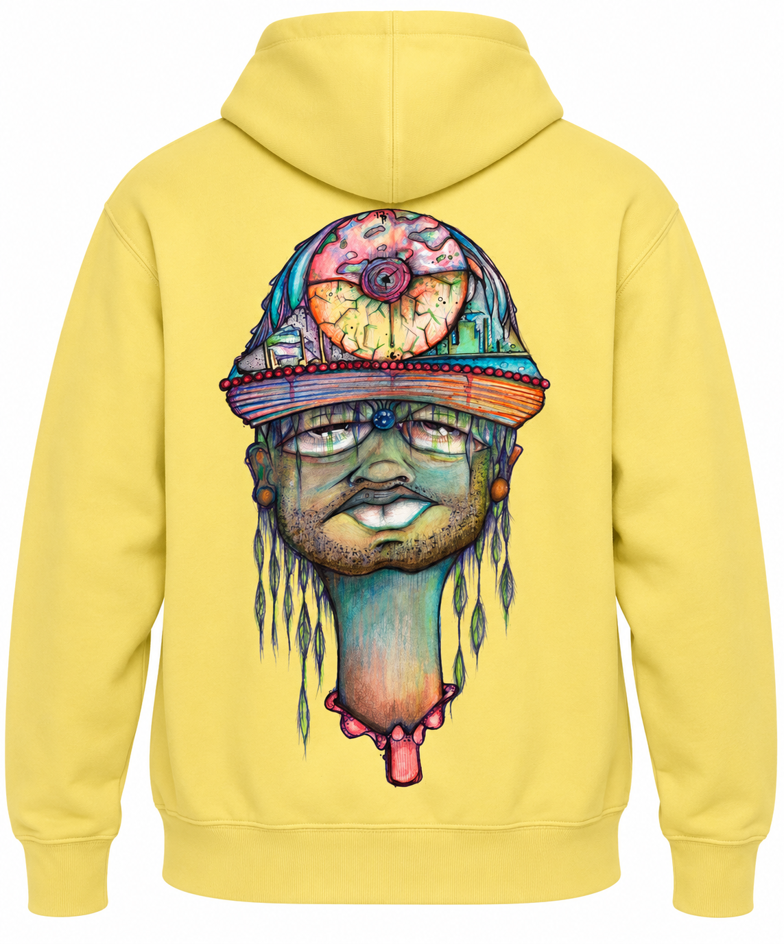 A yellow pullover hoodie shown from the back, featuring a large, colorful graphic print of a stylized face wearing that looks like an eye.
