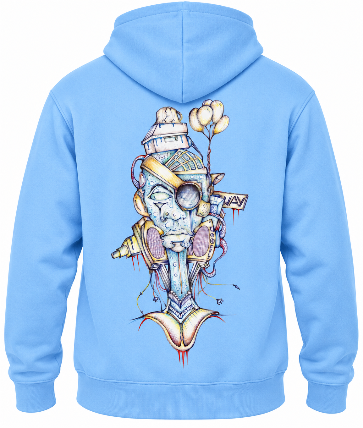 A light blue pullover hoodie shown from the back, featuring a large, detailed graphic print of a skull wearing a n eyepatch with balloons and a house on his head.