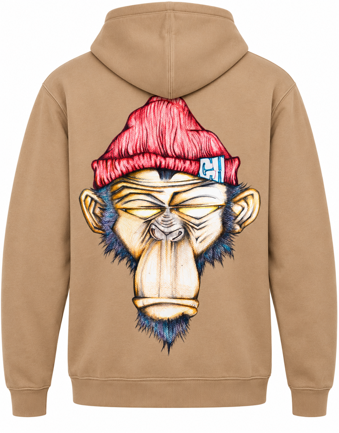A tan hoodie shown from the back, featuring a large graphic illustration of a monkey's face wearing a red knit beanie.