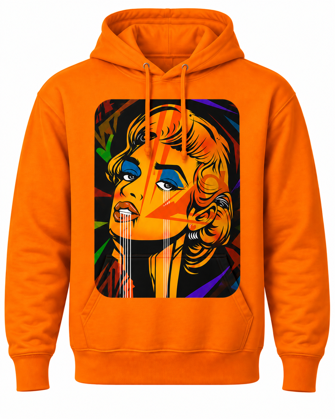 Bright orange pullover hoodie with a large rectangular pop-art graphic on the chest showing a stylized woman's face with yellow, orange, blue, black, and red tones.