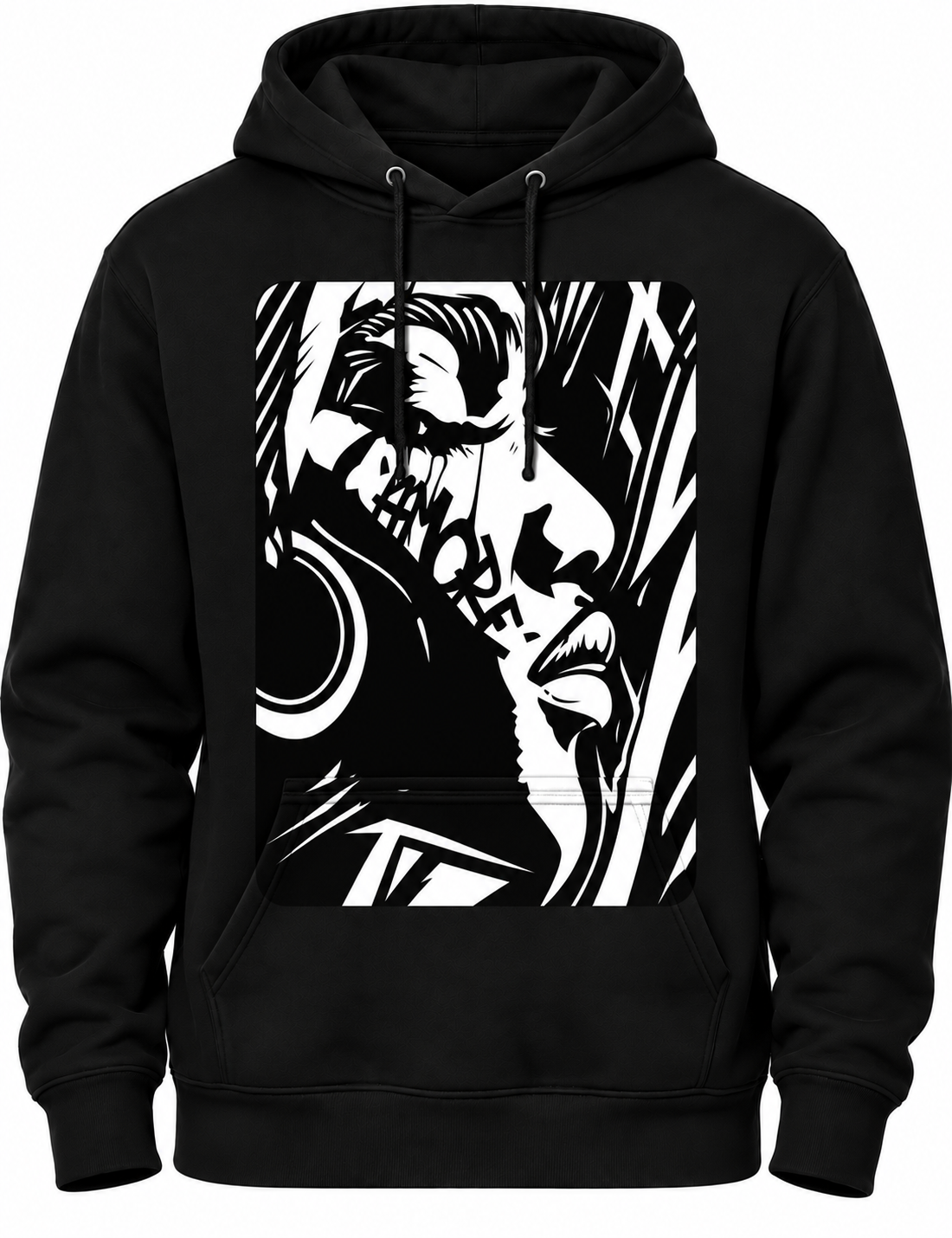 A black pullover hoodie featuring a large high-contrast white graphic print of a stylized face on the front.