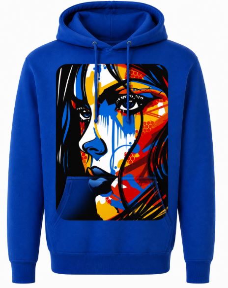 A royal blue pullover hoodie featuring a large, vibrant pop-art graphic of a woman's face designed with white, black, red and orange graphics.